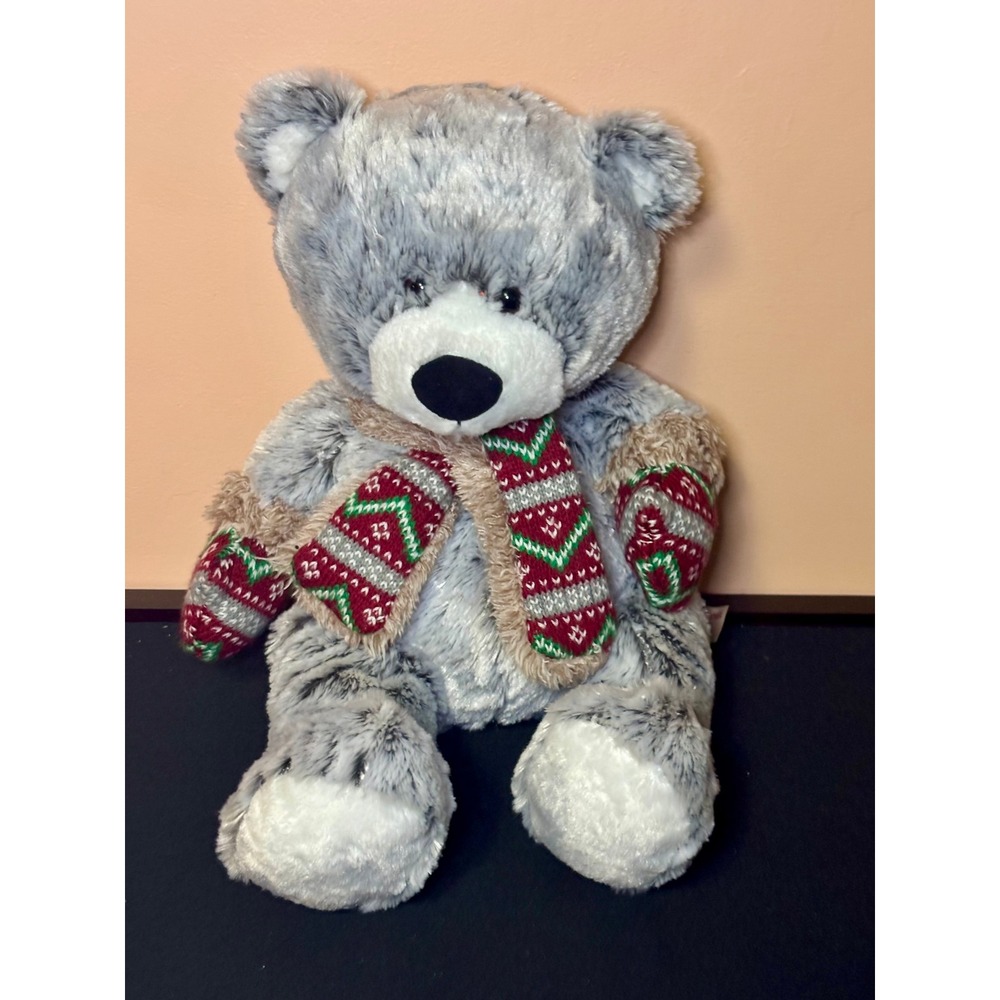 Hugfun International Grey Plush Teddy Bear Winter Scarf Mittens Holiday 14in